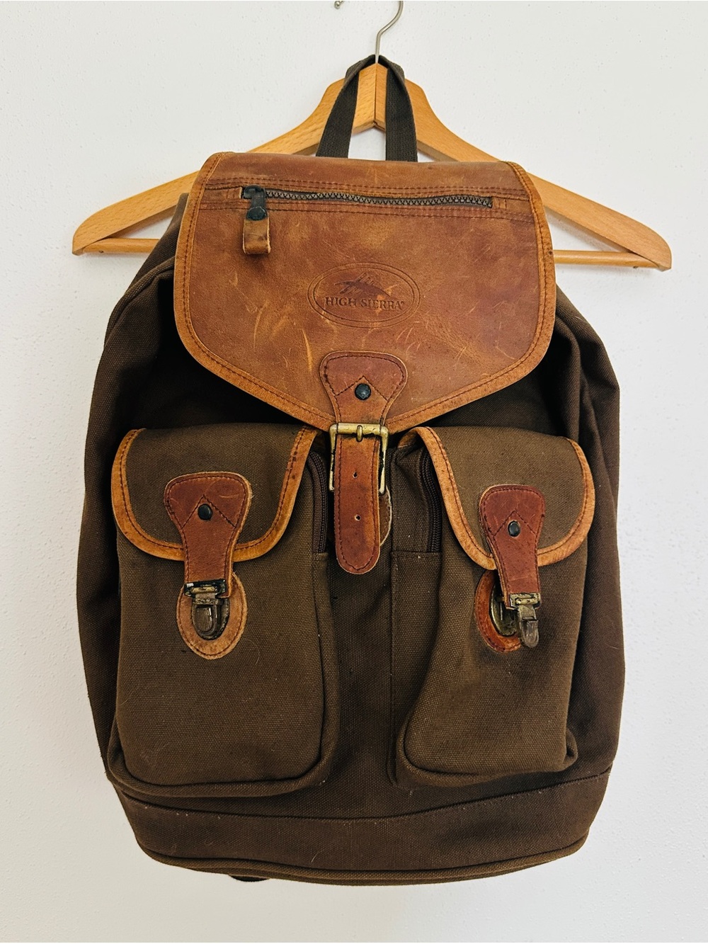 Vintage High Sierra Vintage Canvas Leather Backpack Brown Rucksack Hiking School